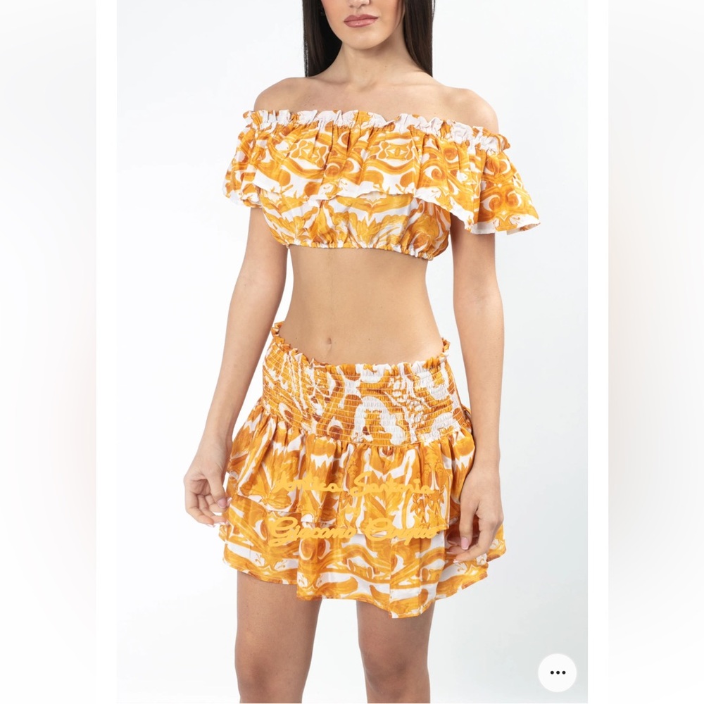 Orange and White Ruffled Mini Skater Skirt